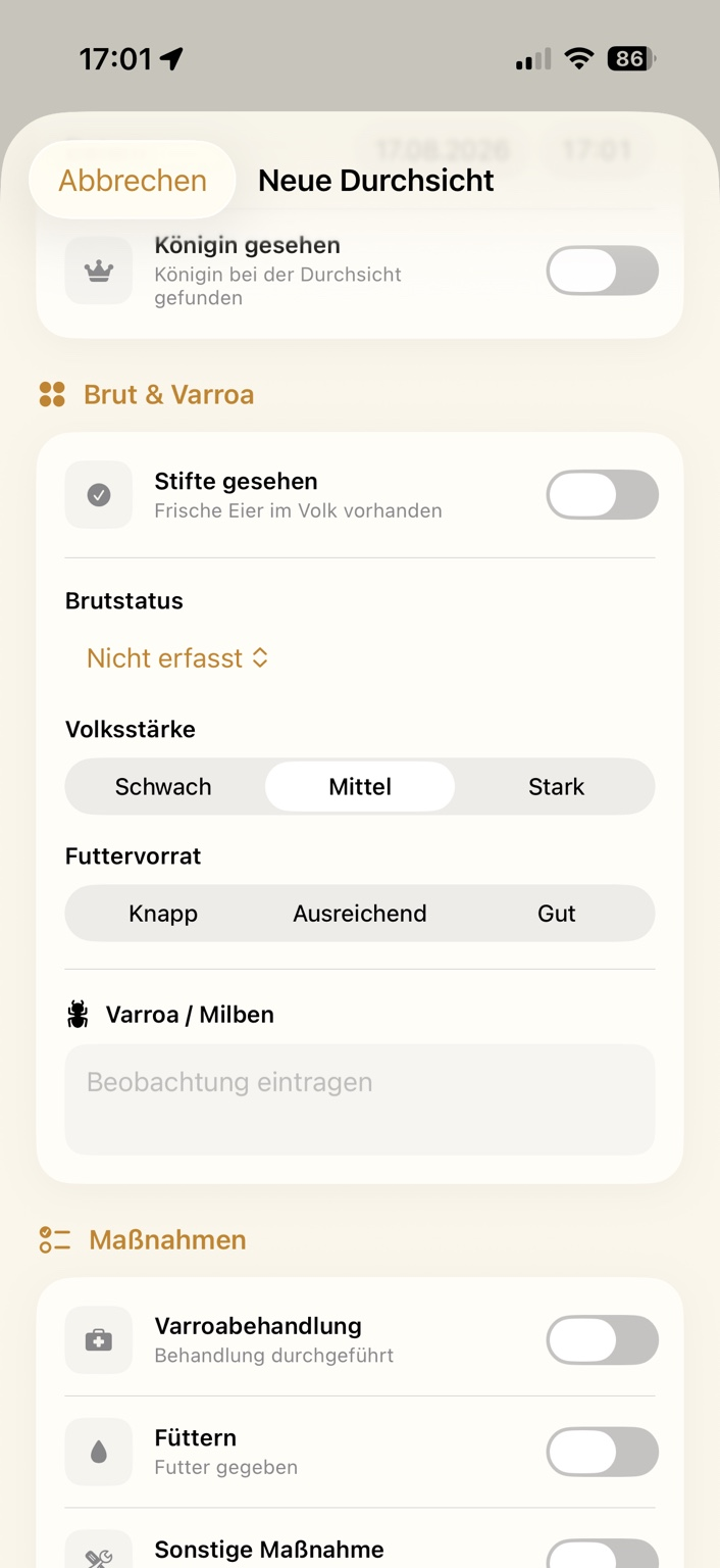 Neue Durchsicht mit Brutstatus, Volksstärke und Maßnahmen